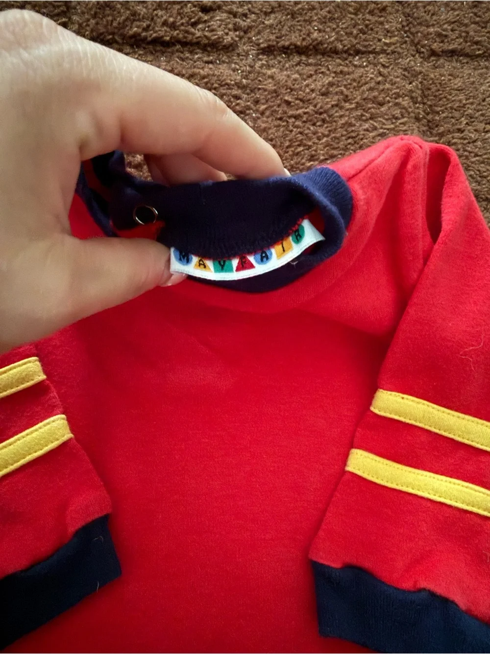 Vintage 12month  Red Long-Sleeve Top with Navy Trim and Yellow Stripe Accents